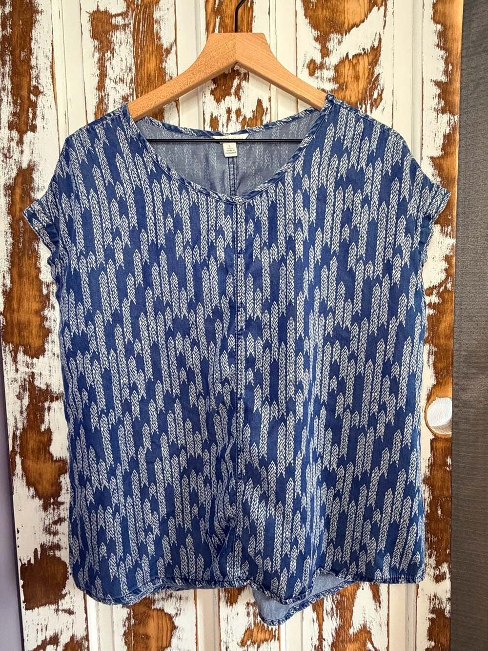 Cato Women's Short Sleeve Boxy Top Blue White Arrow Print Size L Tencel Coastal
